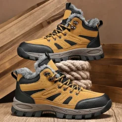 Men's Yellow Hiking Boots with Fur Lining – Waterproof Outdoor Winter Shoes with Anti-Slip Rugged Soles