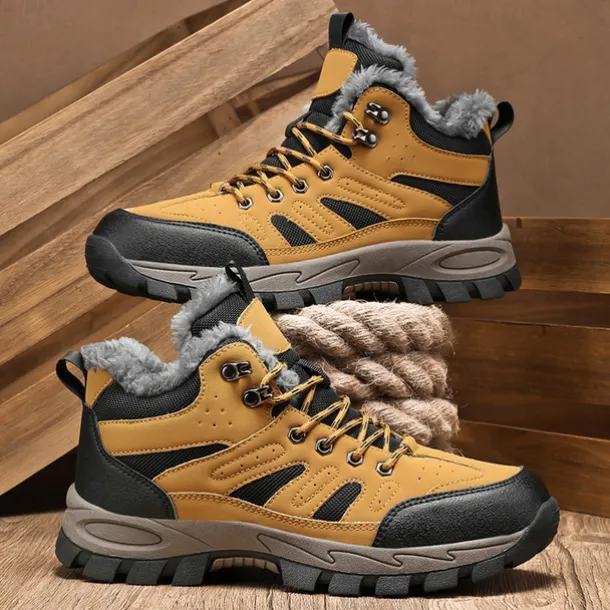 Men's Yellow Hiking Boots with Fur Lining – Waterproof Outdoor Winter Shoes with Anti-Slip Rugged Soles