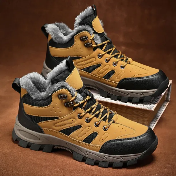 Men's Yellow Hiking Boots with Fur Lining – Waterproof Outdoor Winter Shoes with Anti-Slip Rugged Soles