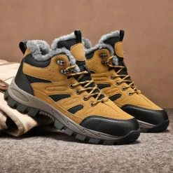 Men's Yellow Hiking Boots with Fur Lining – Waterproof Outdoor Winter Shoes with Anti-Slip Rugged Soles