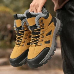 Men's Yellow Hiking Boots with Fur Lining – Waterproof Outdoor Winter Shoes with Anti-Slip Rugged Soles