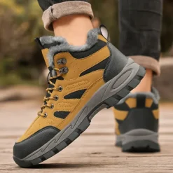Men's Yellow Hiking Boots with Fur Lining – Waterproof Outdoor Winter Shoes with Anti-Slip Rugged Soles