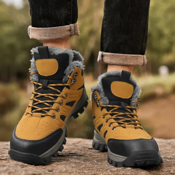 Men's Yellow Hiking Boots with Fur Lining – Waterproof Outdoor Winter Shoes with Anti-Slip Rugged Soles