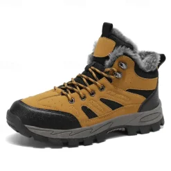 Men's Yellow Hiking Boots with Fur Lining – Waterproof Outdoor Winter Shoes with Anti-Slip Rugged Soles