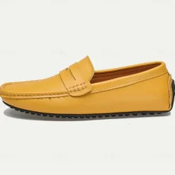 Men's Yellow Leather Slip-On Loafers - Comfortable Casual Driving Shoes