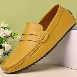 Men's Yellow Leather Slip-On Loafers - Comfortable Casual Driving Shoes