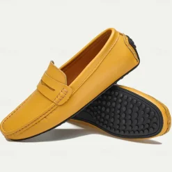 Men's Yellow Leather Slip-On Loafers - Comfortable Casual Driving Shoes
