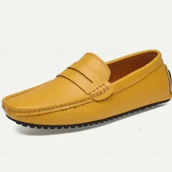 Men's Yellow Leather Slip-On Loafers - Comfortable Casual Driving Shoes