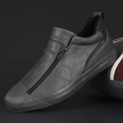 Men's Yellow Leather Slip-On Sneakers with Zipper Closure for Casual Wear