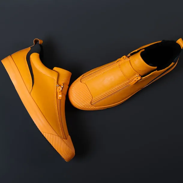 Men's Yellow Leather Slip-On Sneakers with Zipper Closure for Casual Wear