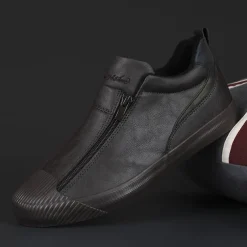 Men's Yellow Leather Slip-On Sneakers with Zipper Closure for Casual Wear