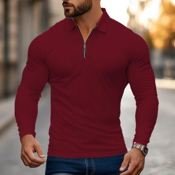 Men's Zip Polo Golf Shirt Work Casual Lapel Long Sleeve Basic Modern Plain Zipper Spring & Fall Regular Fit Navy-blue Black White Red Light Grey Zip Polo