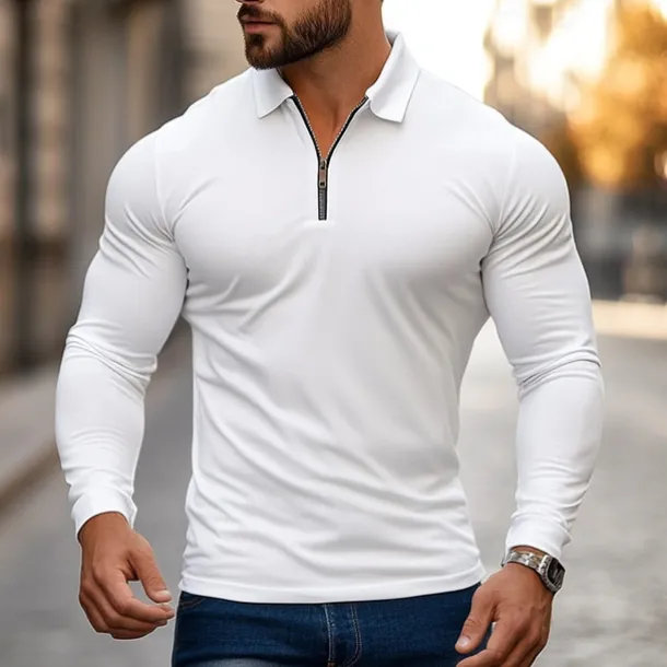 Men's Zip Polo Golf Shirt Work Casual Lapel Long Sleeve Basic Modern Plain Zipper Spring & Fall Regular Fit Navy-blue Black White Red Light Grey Zip Polo