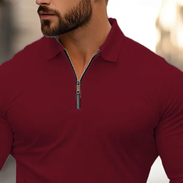 Men's Zip Polo Golf Shirt Work Casual Lapel Long Sleeve Basic Modern Plain Zipper Spring & Fall Regular Fit Navy-blue Black White Red Light Grey Zip Polo