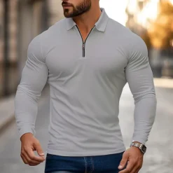 Men's Zip Polo Golf Shirt Work Casual Lapel Long Sleeve Basic Modern Plain Zipper Spring & Fall Regular Fit Navy-blue Black White Red Light Grey Zip Polo