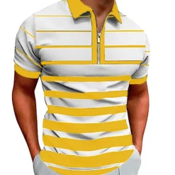 Men's Zip Polo Polo Shirt Casual Daily Quarter Zip Short Sleeve Fashion Basic Stripe Horizontal Stripes Zipper Summer Regular Fit White Yellow Red Navy Blue Brown Zip Polo