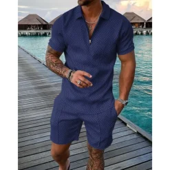 Men's Zip Polo Tee Set 2 Piece Summer Tracksuit Set Tee & Shorts Short Sleeve Polo Collar Casual Zip Up Casual Daily Lemon Pink Black Top Tee for Men