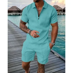 Men's Zip Polo Tee Set 2 Piece Summer Tracksuit Set Tee & Shorts Short Sleeve Polo Collar Casual Zip Up Casual Daily Lemon Pink Black Top Tee for Men