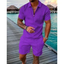 Men's Zip Polo Tee Set 2 Piece Summer Tracksuit Set Tee & Shorts Short Sleeve Polo Collar Casual Zip Up Casual Daily Lemon Pink Black Top Tee for Men