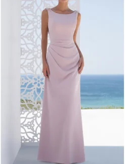 Mermaid / Trumpet / Sheath / Column Bridesmaid Dress Bateau Neck Sleeveless Pink Floor Length Stretch Fabric with Ruching / Solid Color 2022