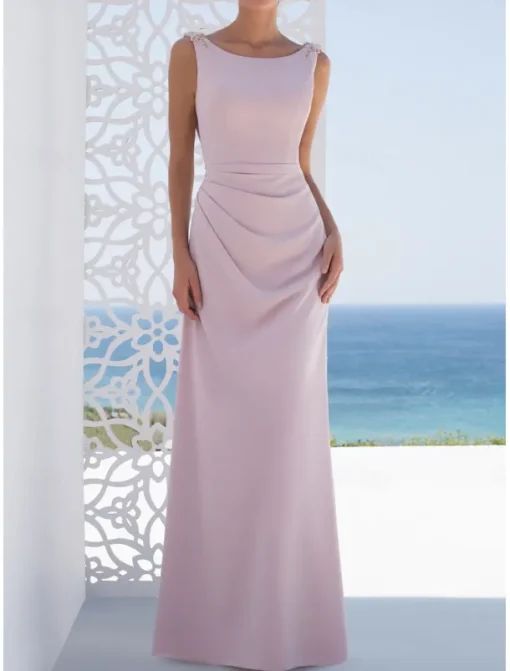 Mermaid / Trumpet / Sheath / Column Bridesmaid Dress Bateau Neck Sleeveless Pink Floor Length Stretch Fabric with Ruching / Solid Color 2022