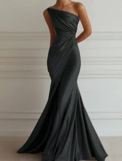 Mermaid / Trumpet Evening Gown Elegant Dress Formal Wedding Floor Length Sleeveless One ShoulderDress Stretch Satin with Pleats