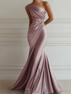 Mermaid / Trumpet Evening Gown Elegant Dress Formal Wedding Floor Length Sleeveless One ShoulderDress Stretch Satin with Pleats