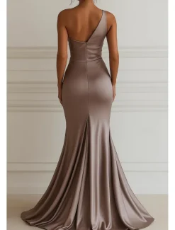 Mermaid / Trumpet Evening Gown Elegant Dress Formal Wedding Floor Length Sleeveless One ShoulderDress Stretch Satin with Pleats