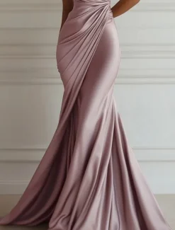 Mermaid / Trumpet Evening Gown Elegant Dress Formal Wedding Floor Length Sleeveless One ShoulderDress Stretch Satin with Pleats