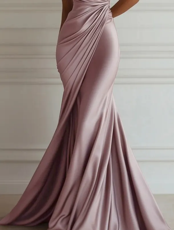Mermaid / Trumpet Evening Gown Elegant Dress Formal Wedding Floor Length Sleeveless One ShoulderDress Stretch Satin with Pleats
