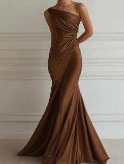 Mermaid / Trumpet Evening Gown Elegant Dress Formal Wedding Floor Length Sleeveless One ShoulderDress Stretch Satin with Pleats