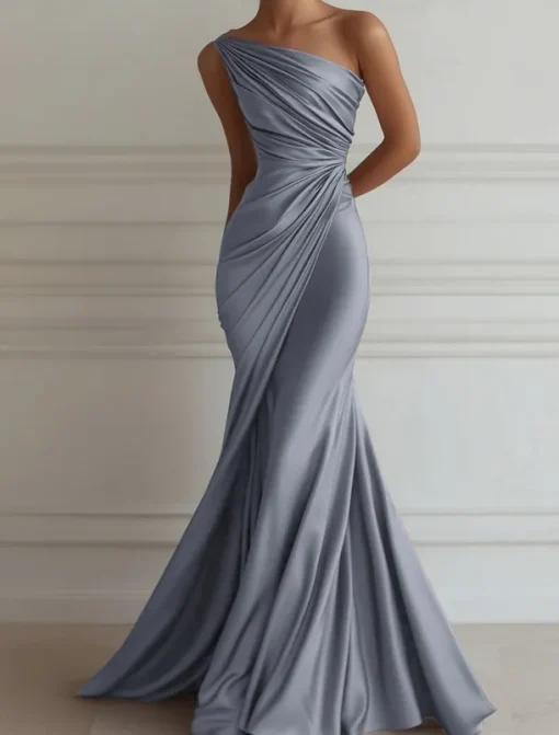 Mermaid / Trumpet Evening Gown Elegant Dress Formal Wedding Floor Length Sleeveless One ShoulderDress Stretch Satin with Pleats