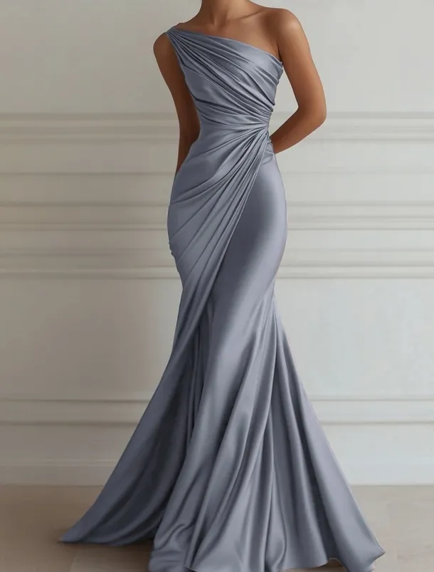 Mermaid / Trumpet Evening Gown Elegant Dress Formal Wedding Floor Length Sleeveless One ShoulderDress Stretch Satin with Pleats