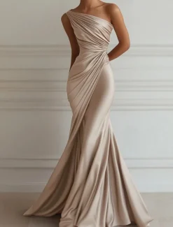 Mermaid / Trumpet Evening Gown Elegant Dress Formal Wedding Floor Length Sleeveless One ShoulderDress Stretch Satin with Pleats
