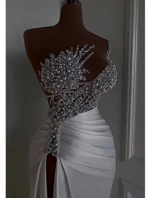 Mermaid / Trumpet Evening Gown Elegant Dress Carnival Masquerade Floor Length Sleeveless Off Shoulder Satin with Pearls Overskirt