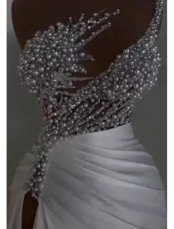Mermaid / Trumpet Evening Gown Elegant Dress Carnival Masquerade Floor Length Sleeveless Off Shoulder Satin with Pearls Overskirt