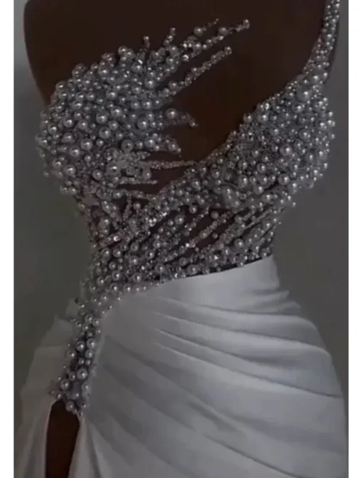 Mermaid / Trumpet Evening Gown Elegant Dress Carnival Masquerade Floor Length Sleeveless Off Shoulder Satin with Pearls Overskirt