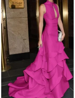 Mermaid / Trumpet Gala Dress GownCarpet Dress Formal Dress Wedding Court Train Mock Neck Satin with Ruffles Covered Buttons