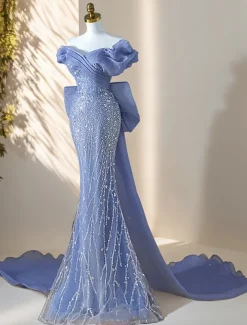 Mermaid / Trumpet Party Dresses Sequin Lace Elegant Dress Wedding Wedding Guest Court Train Pleat Off Shoulder V Neck Organza with Bow
