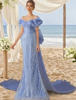 Mermaid / Trumpet Party Dresses Sequin Lace Elegant Dress Wedding Wedding Guest Court Train Pleat Off Shoulder V Neck Organza with Bow