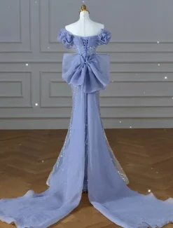 Mermaid / Trumpet Party Dresses Sequin Lace Elegant Dress Wedding Wedding Guest Court Train Pleat Off Shoulder V Neck Organza with Bow