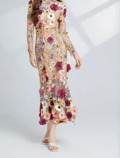 Mermaid / Trumpet Party Dresses Elegant Dress Wedding Wedding Guest Tea Length Long Sleeve Crew Neck Tulle with Floral Embroidered Lace