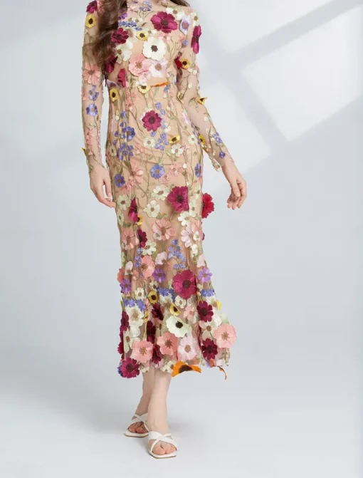 Mermaid / Trumpet Party Dresses Elegant Dress Wedding Wedding Guest Tea Length Long Sleeve Crew Neck Tulle with Floral Embroidered Lace