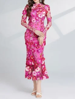 Mermaid / Trumpet Party Dresses Elegant Dress Wedding Wedding Guest Tea Length Long Sleeve Crew Neck Tulle with Floral Embroidered Lace