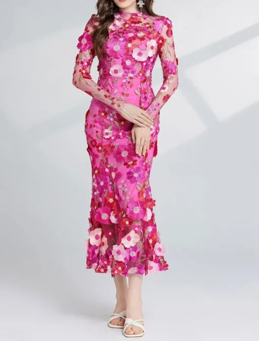 Mermaid / Trumpet Party Dresses Elegant Dress Wedding Wedding Guest Tea Length Long Sleeve Crew Neck Tulle with Floral Embroidered Lace