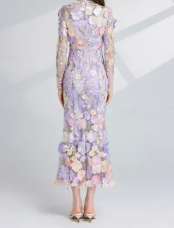Mermaid / Trumpet Party Dresses Elegant Dress Wedding Wedding Guest Tea Length Long Sleeve Crew Neck Tulle with Floral Embroidered Lace