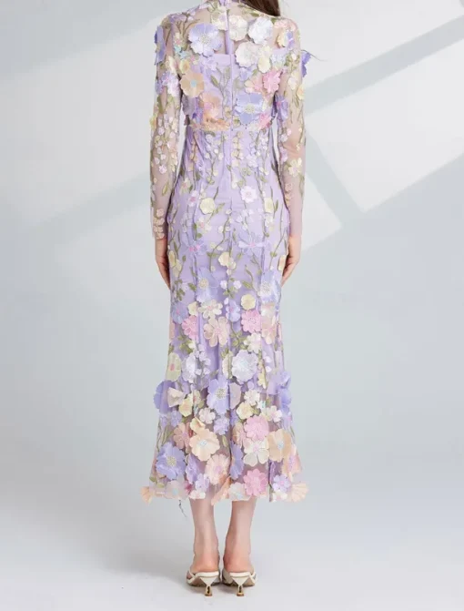 Mermaid / Trumpet Party Dresses Elegant Dress Wedding Wedding Guest Tea Length Long Sleeve Crew Neck Tulle with Floral Embroidered Lace
