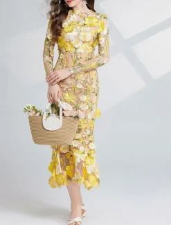 Mermaid / Trumpet Party Dresses Elegant Dress Wedding Wedding Guest Tea Length Long Sleeve Crew Neck Tulle with Floral Embroidered Lace