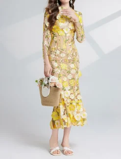 Mermaid / Trumpet Party Dresses Elegant Dress Wedding Wedding Guest Tea Length Long Sleeve Crew Neck Tulle with Floral Embroidered Lace