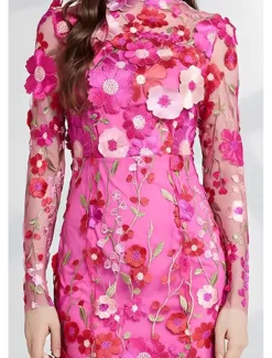 Mermaid / Trumpet Party Dresses Elegant Dress Wedding Wedding Guest Tea Length Long Sleeve Crew Neck Tulle with Floral Embroidered Lace